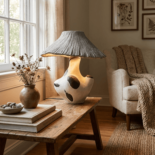 Pebble-Inlay Sculptural Plaster Table Lamp-Neutral Decor