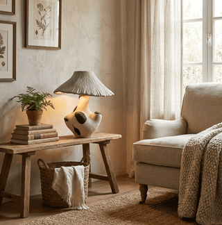 Pebble-Inlay Sculptural Plaster Table Lamp-Neutral Decor
