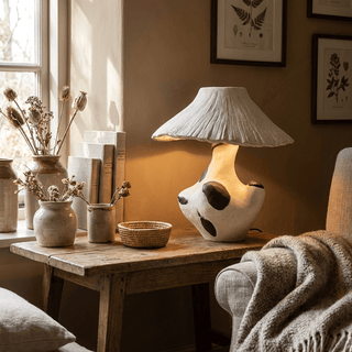 Pebble-Inlay Sculptural Plaster Table Lamp-Neutral Decor