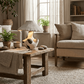 Pebble-Inlay Sculptural Plaster Table Lamp-Neutral Decor
