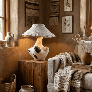 Pebble-Inlay Sculptural Plaster Table Lamp-Neutral Decor