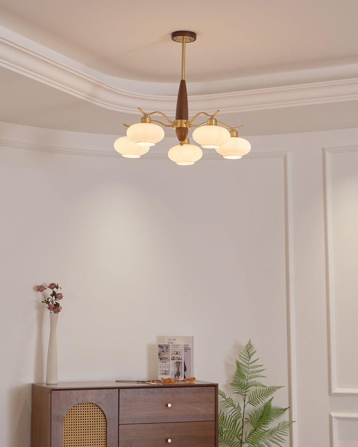 Cavien Brass and Walnut Chandelier-Neutral Decor