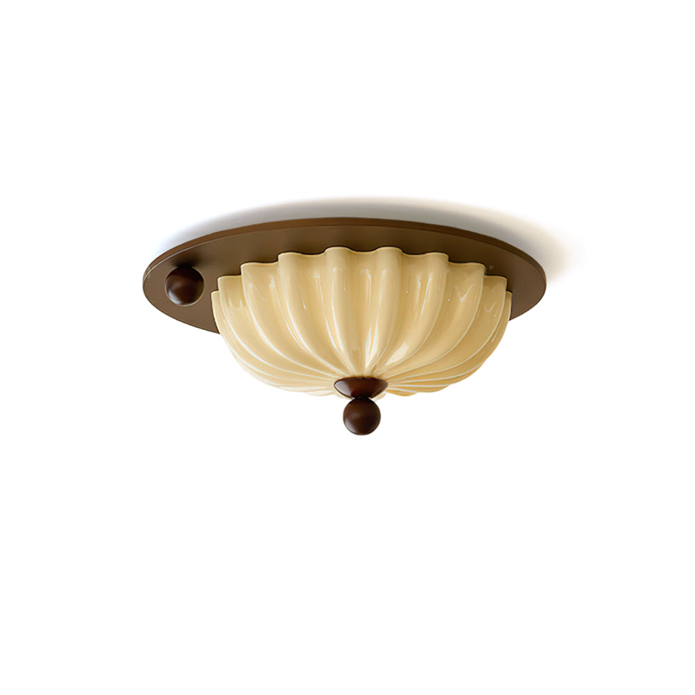 Perth Ceiling Lamp Model A with a pleated cream glass shade and walnut base.
