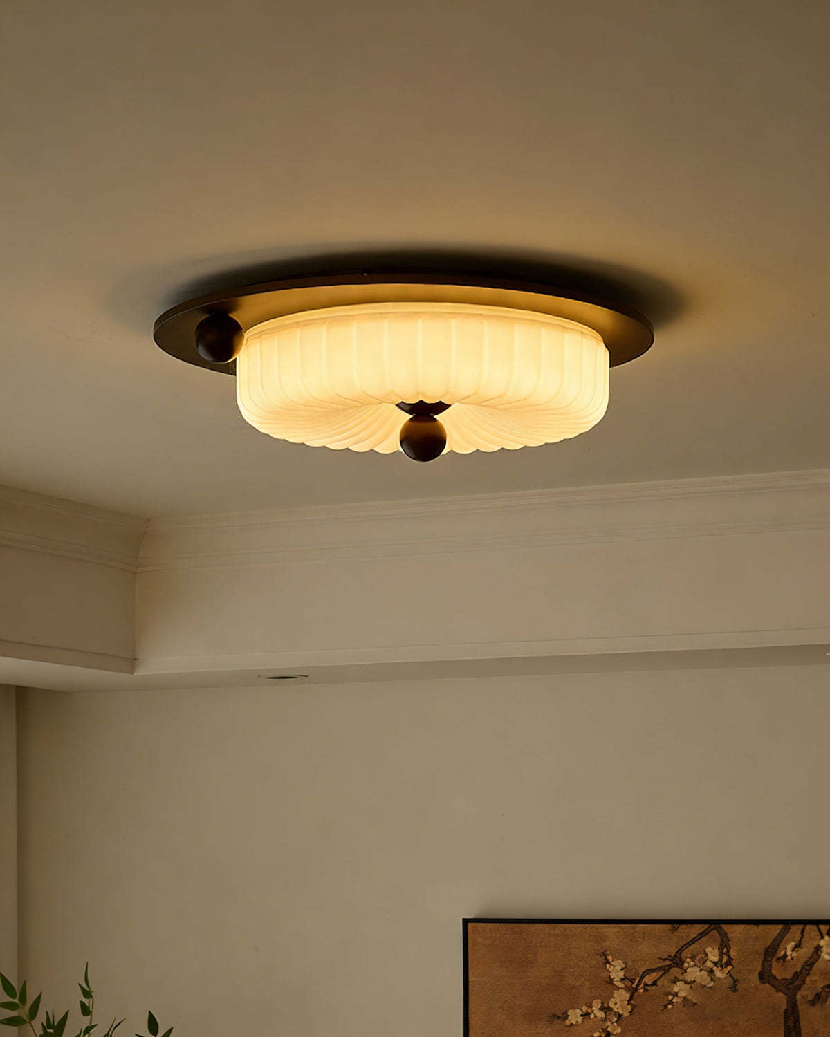 The Perth Ceiling Light shown installed in a modern bedroom setting.