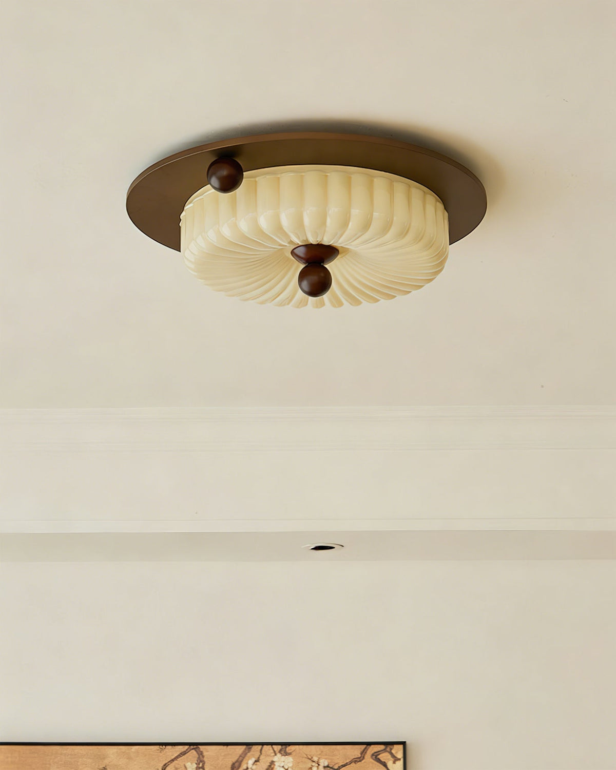 Detail shot of the walnut wood base of the Perth Ceiling Light.