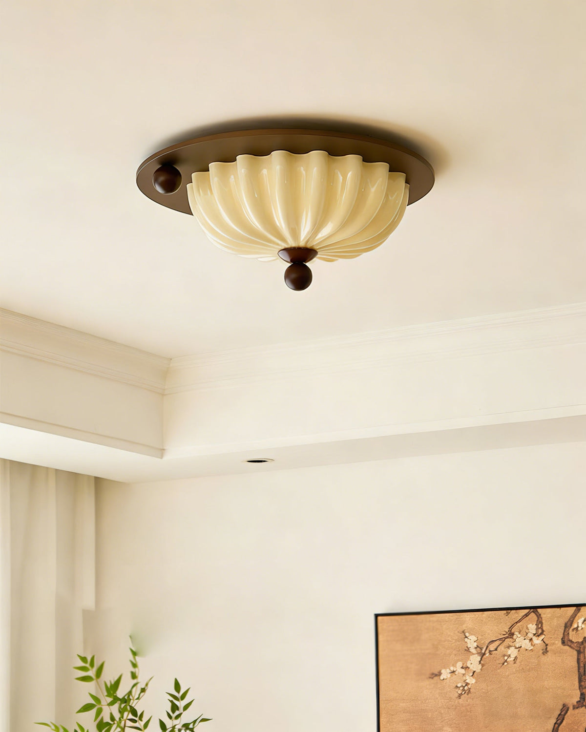 Perth Ceiling Lamp Model B with a pleated cream glass shade and walnut base.