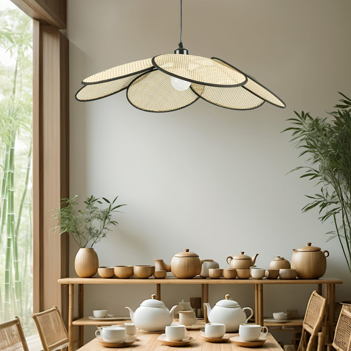 Saliona Premium Élégance Pétales Rotin Tissu Pendentif Lampe