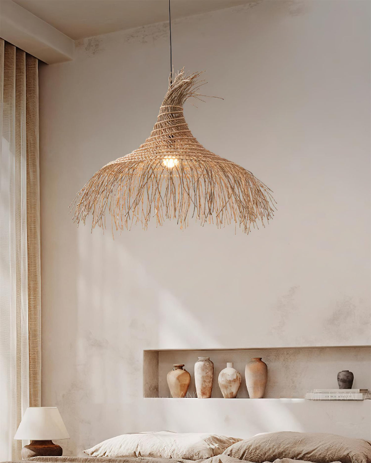Pendant Light Handwoven Rattan Shade Metal Frame Bohemian Natural-Neutral Decor