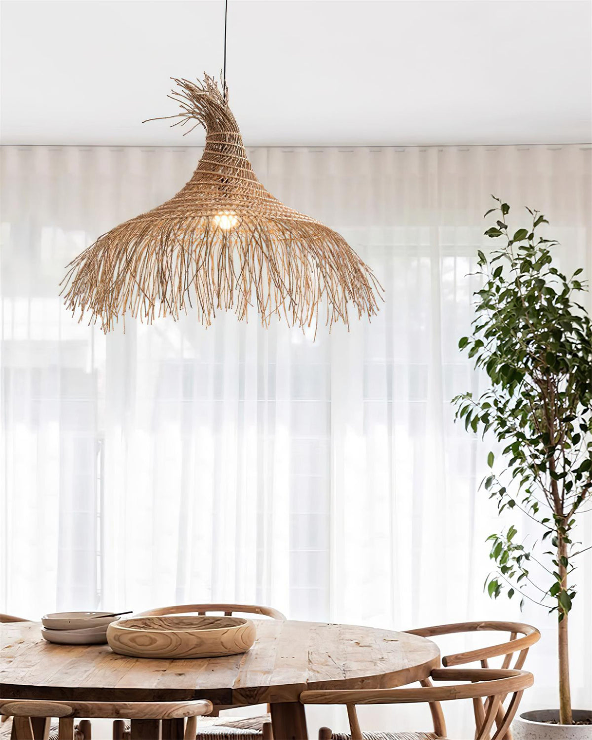 Pendant Light Handwoven Rattan Shade Metal Frame Bohemian Natural-Neutral Decor