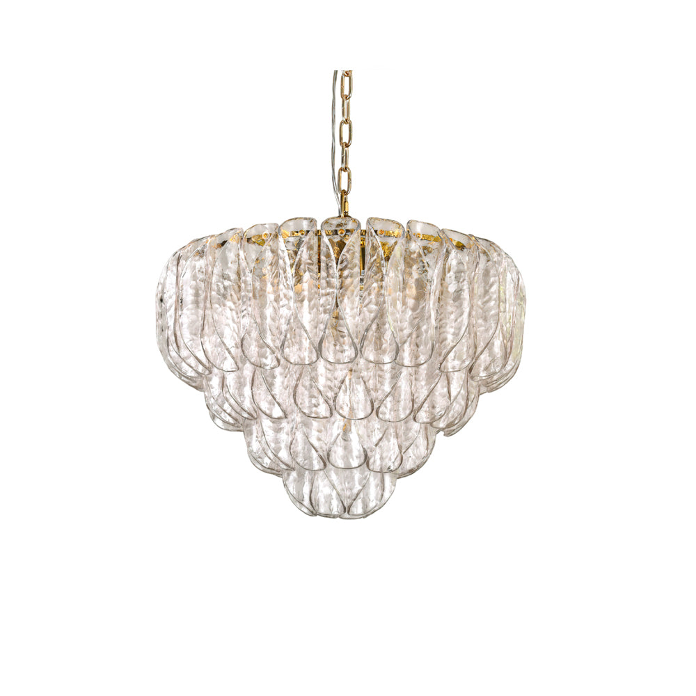 Poliedri glass chandelier with layered, textured clear glass petals, illuminated.