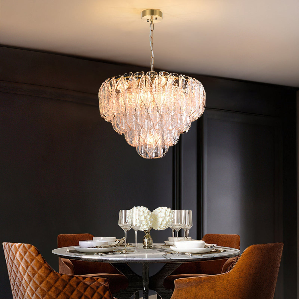 Close-up view of the rippled, artisanal finish on the glass elements of the chandelier.