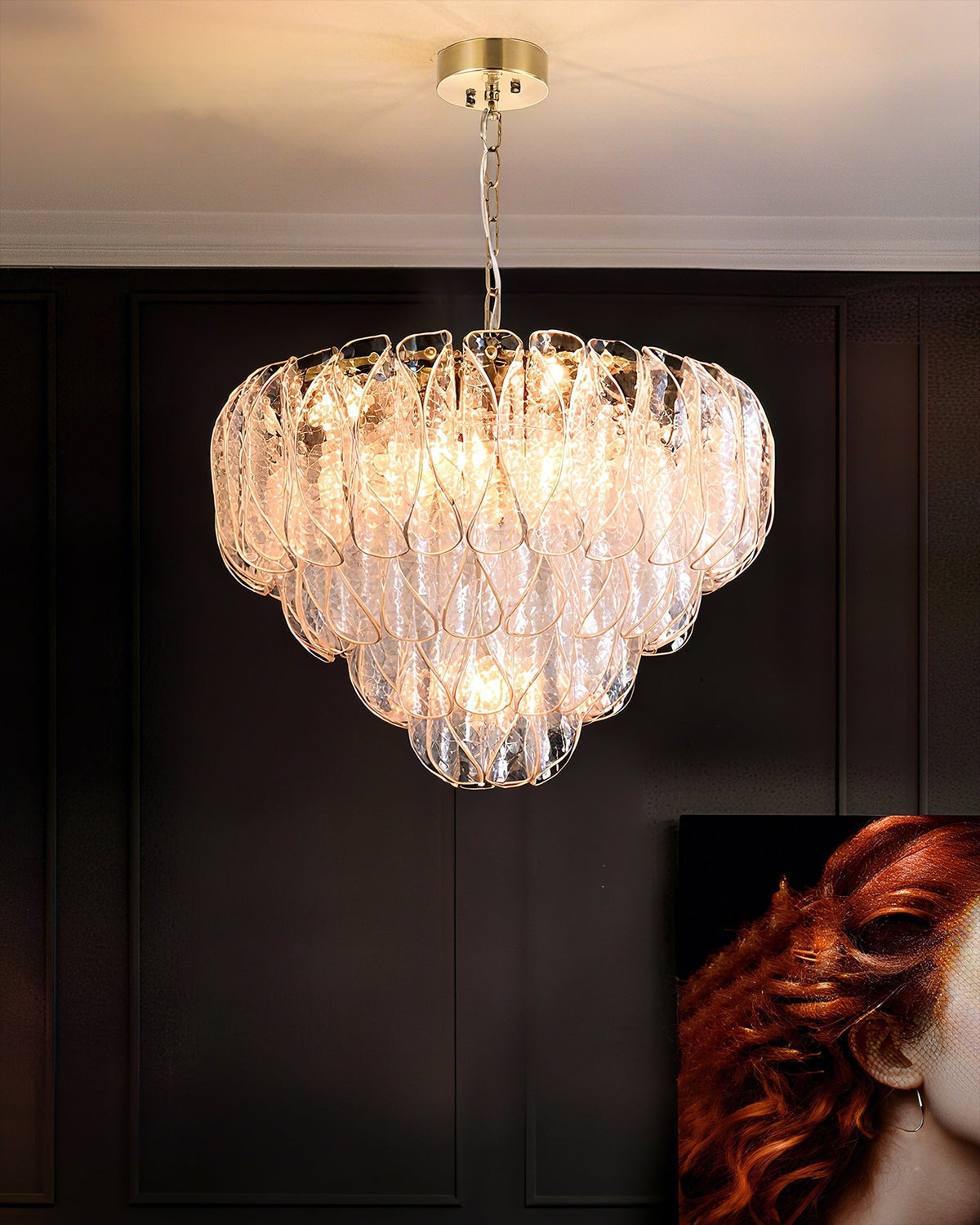 Angled view of the Poliedri glass chandelier, showing its multi-layered structure.