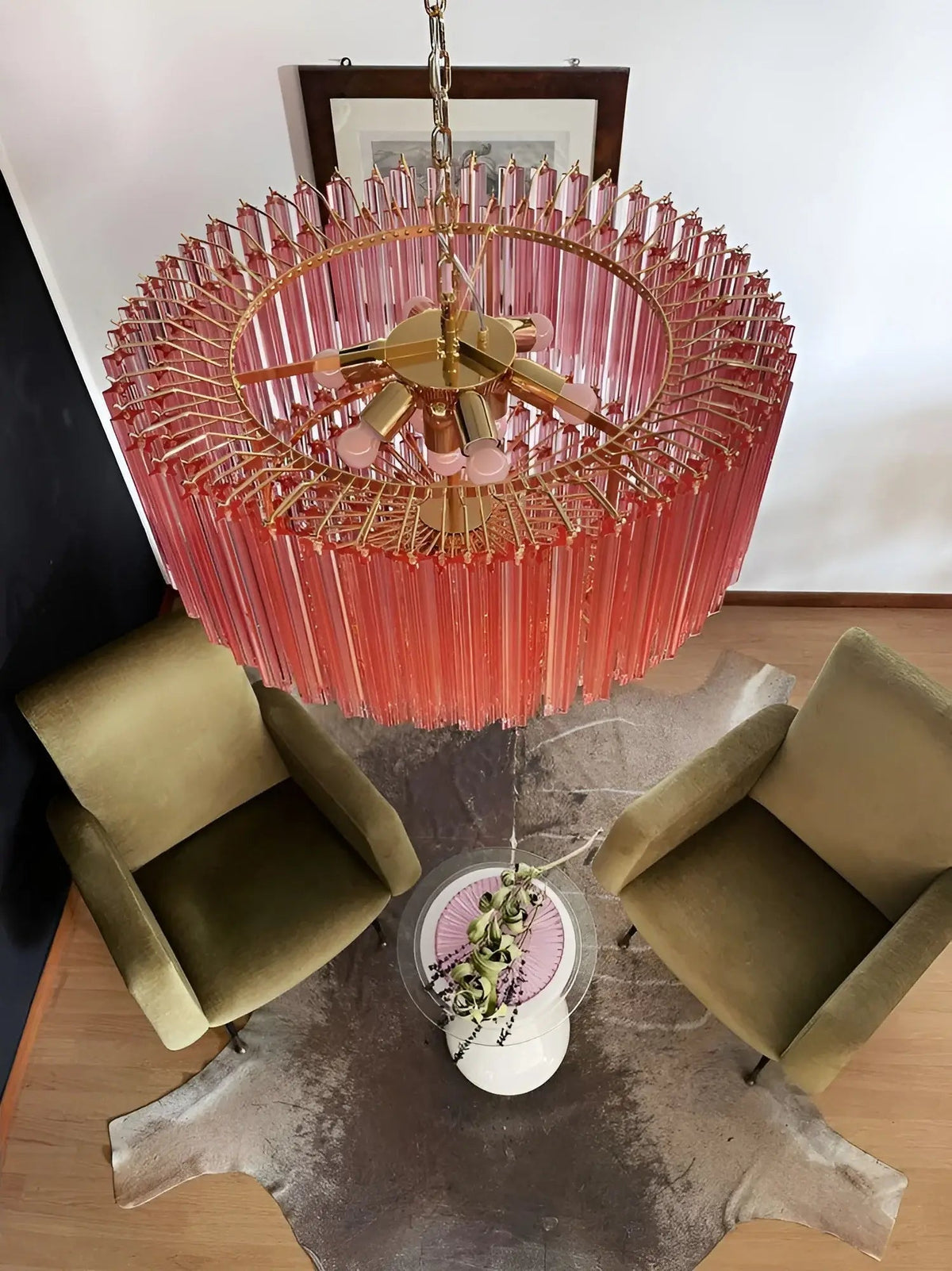 Rivisse Lustre Rose Verre Prismes Géométrique