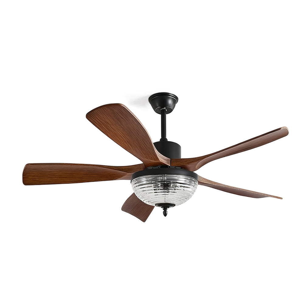 Radar Ceiling Fan Light with wood blades and caged light fixture.