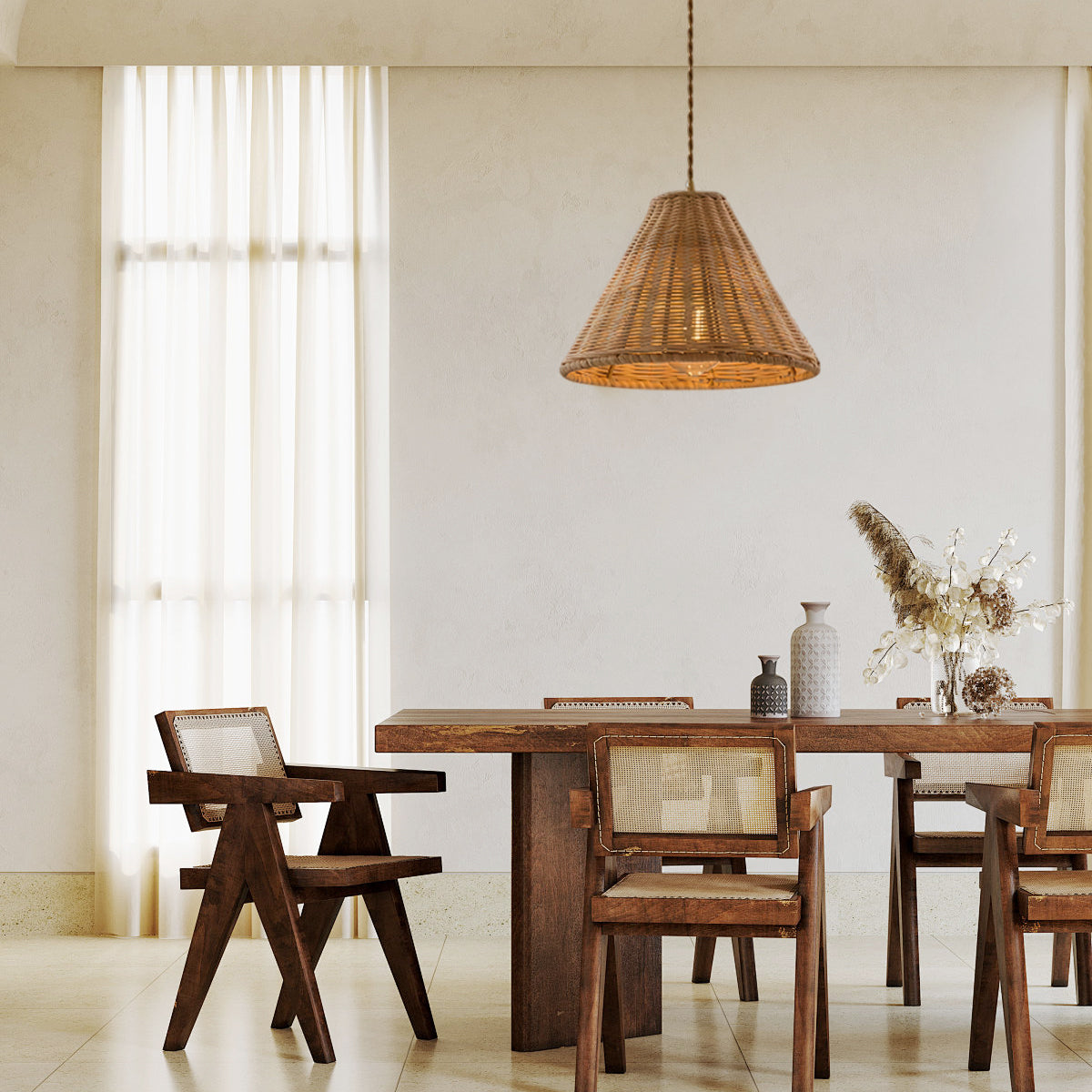 Pendant Lamp Rattan Shade and Metal Body Cone Shape Natural Minimalist-Neutral Decor