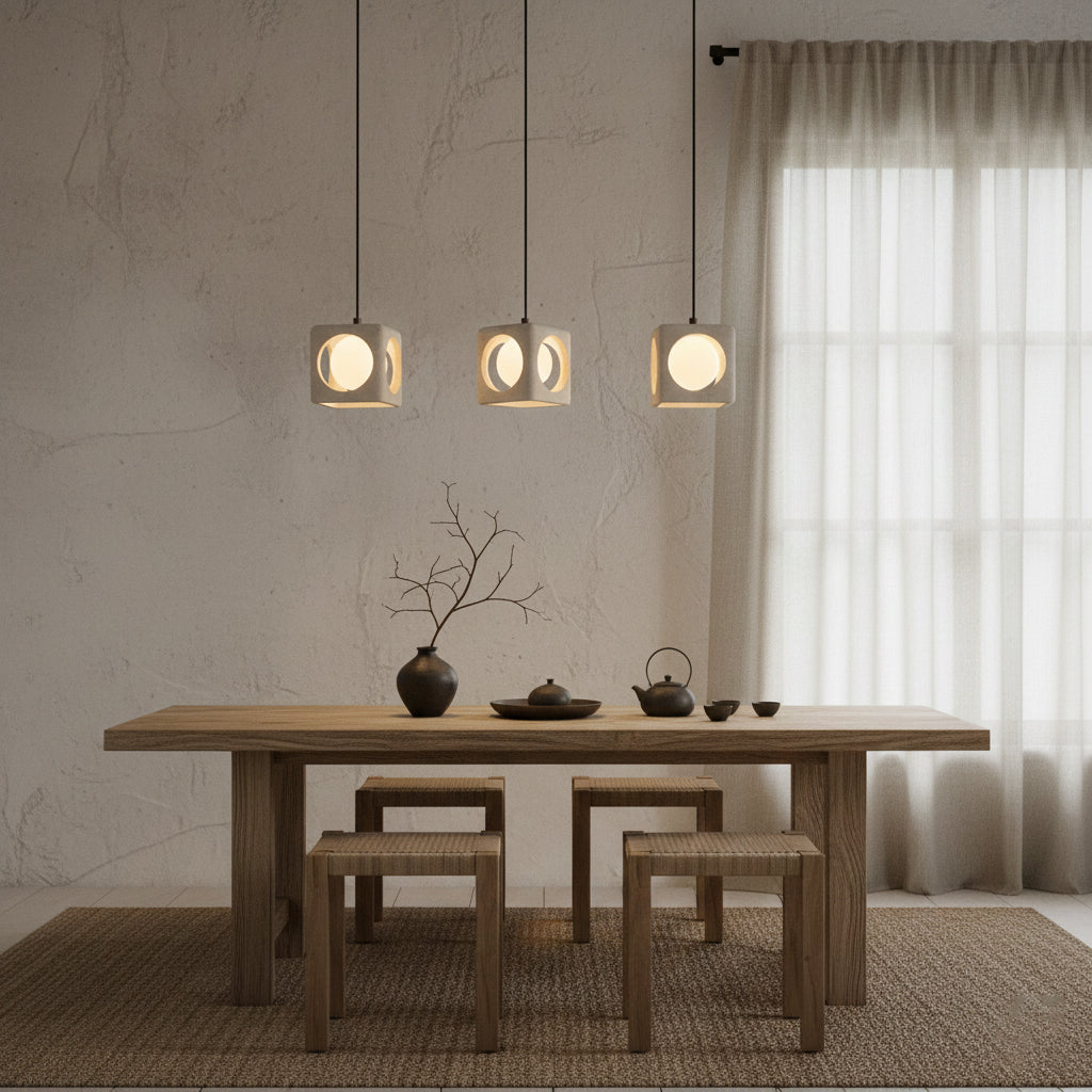 The pendant light from a low angle, highlighting its circular form.