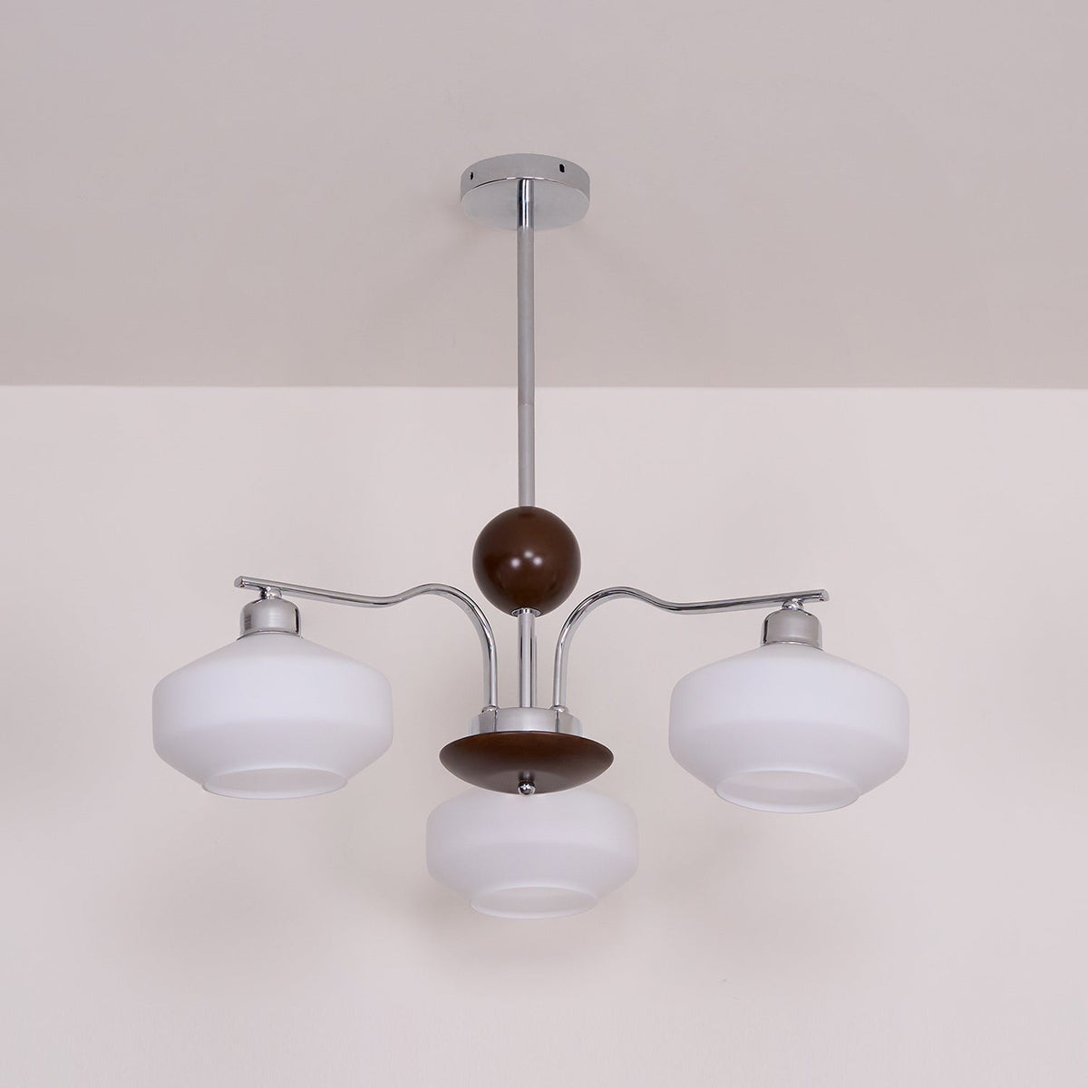 Chandelier White Glass Shades Chrome Walnut Arms Retro-Neutral Decor
