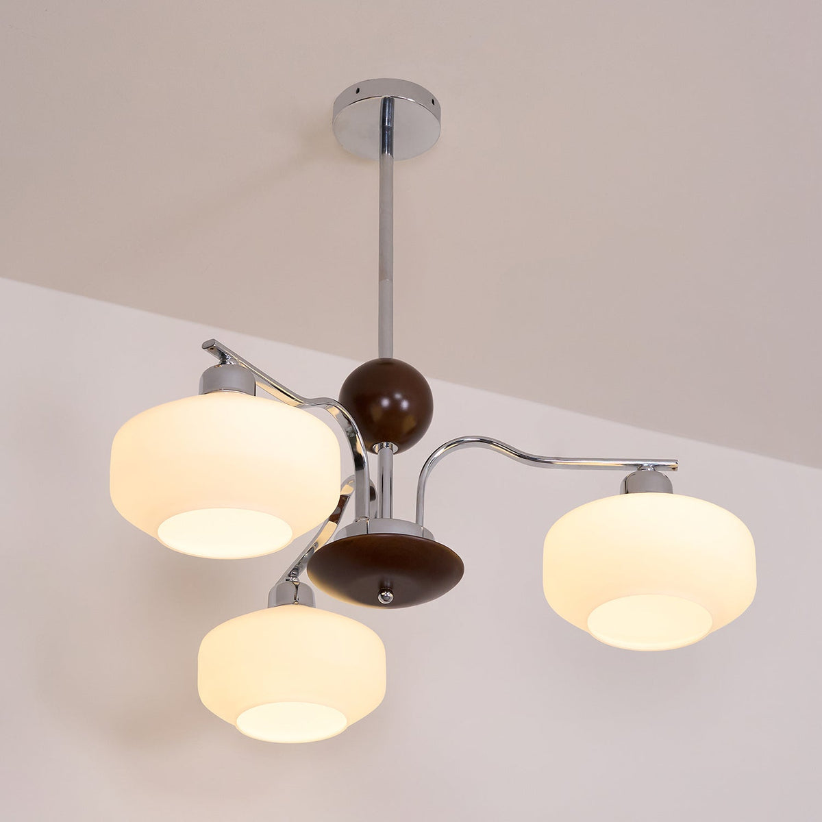Chandelier White Glass Shades Chrome Walnut Arms Retro-Neutral Decor
