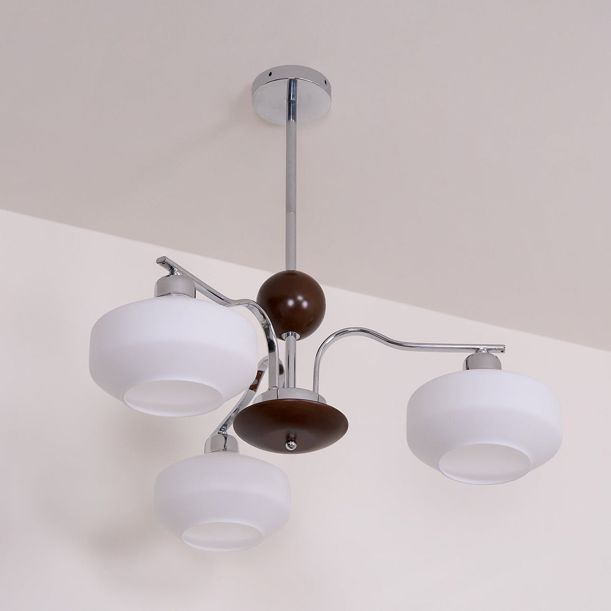 Chandelier White Glass Shades Chrome Walnut Arms Retro-Neutral Decor