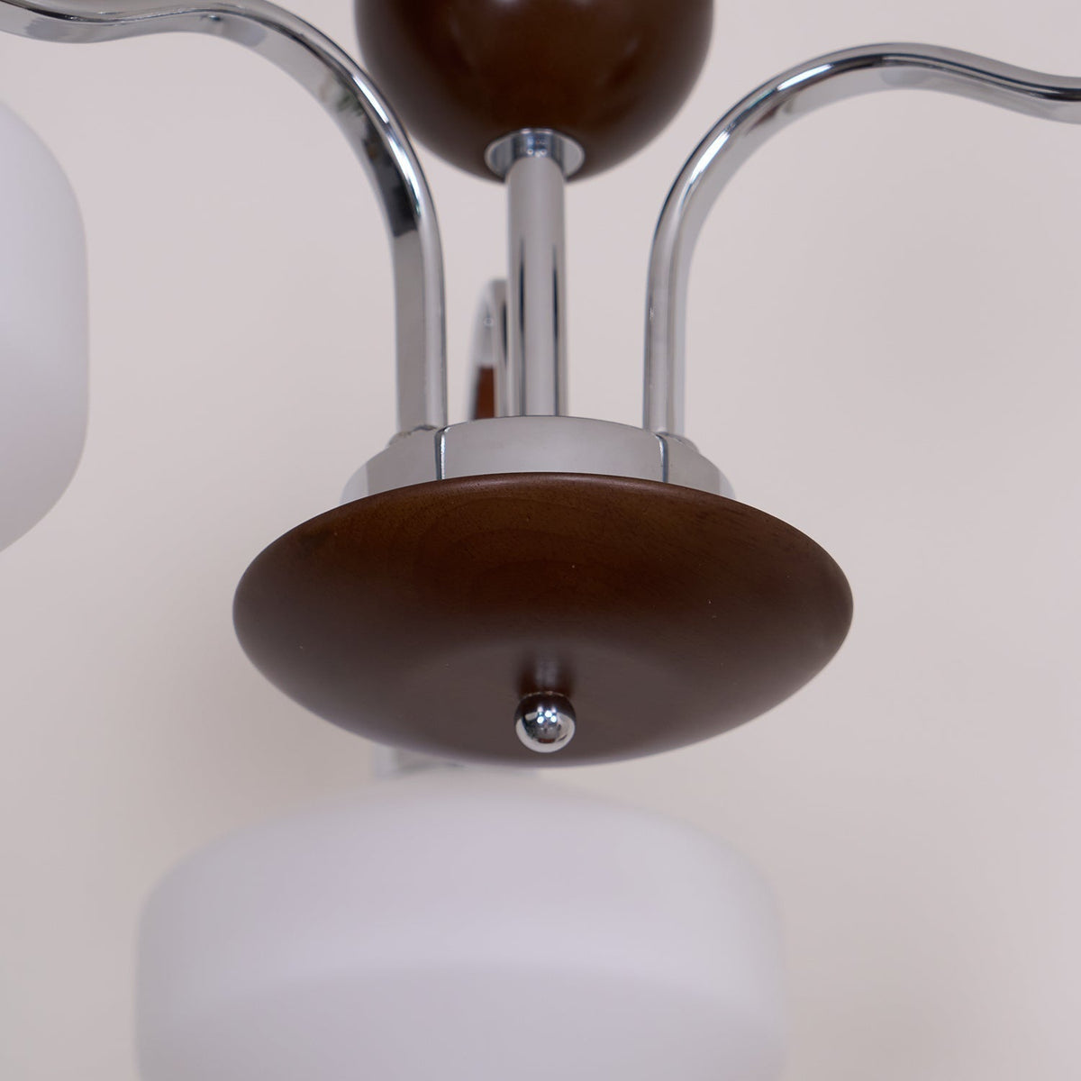 Chandelier White Glass Shades Chrome Walnut Arms Retro-Neutral Decor