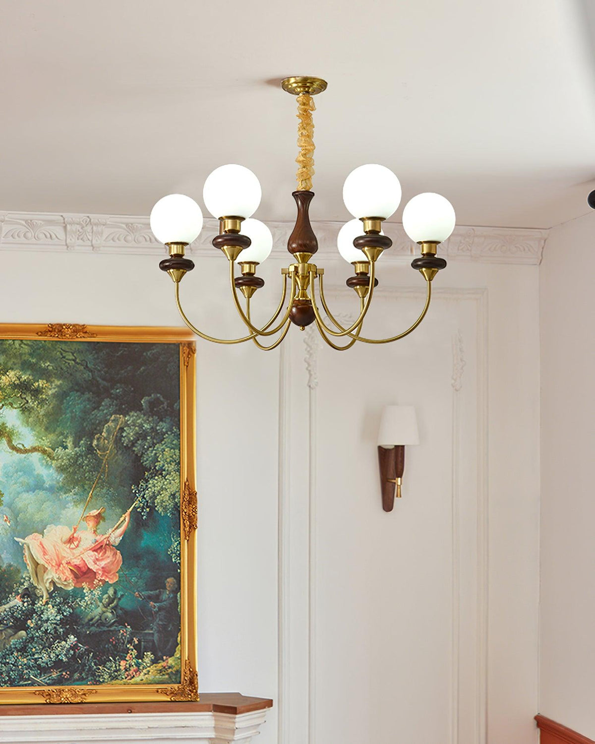Chandelier Brass Curved Arms Walnut Vintage-Neutral Decor