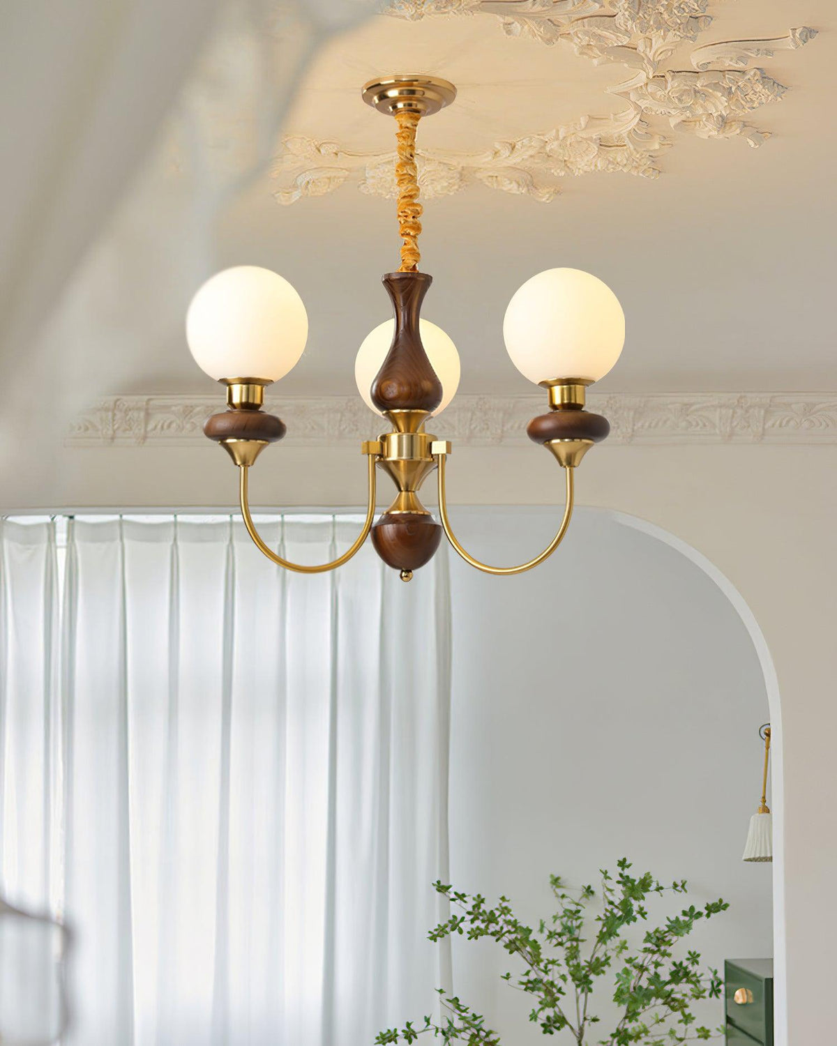 Chandelier Brass Curved Arms Walnut Vintage-Neutral Decor