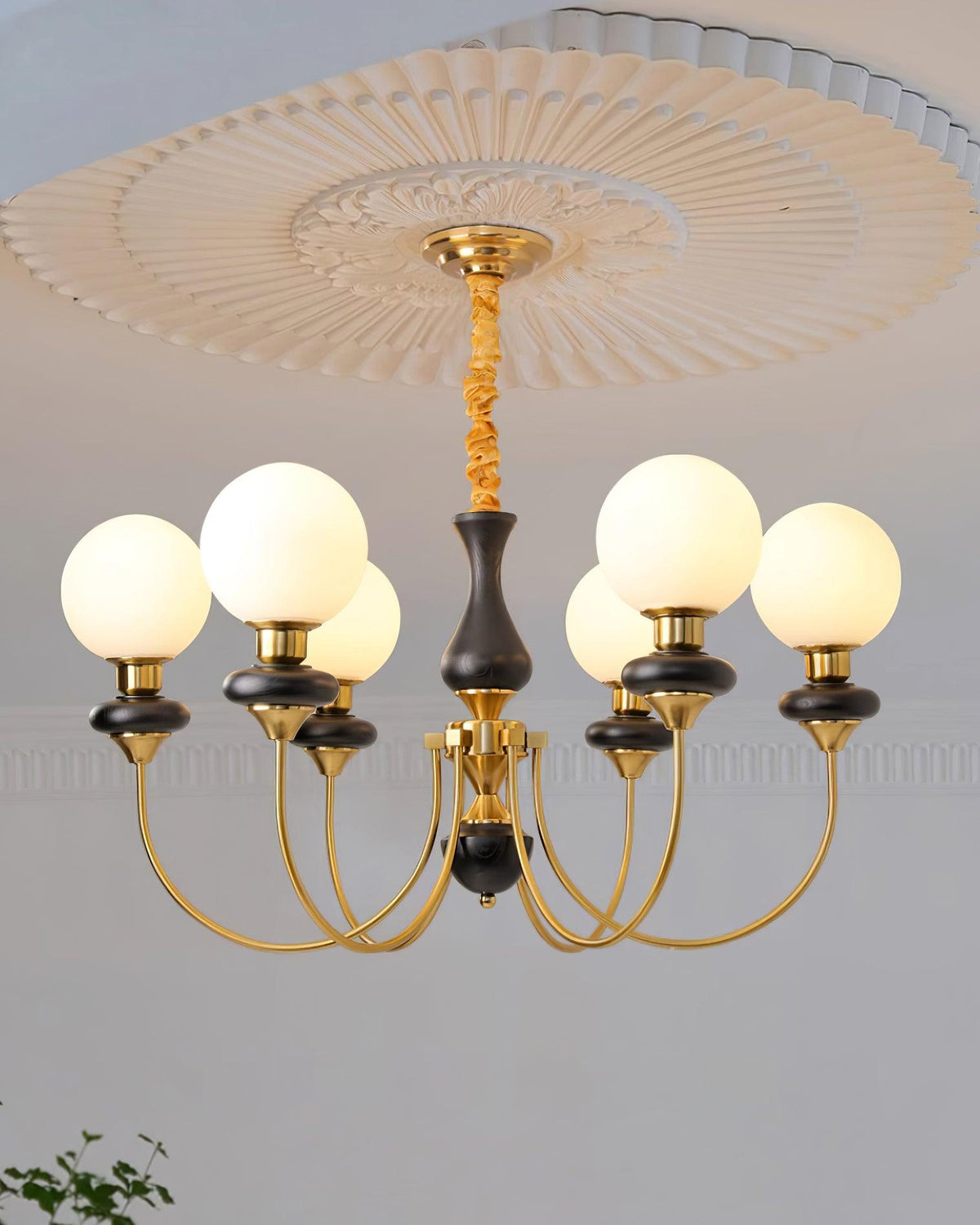 Chandelier Brass Curved Arms Walnut Vintage-Neutral Decor