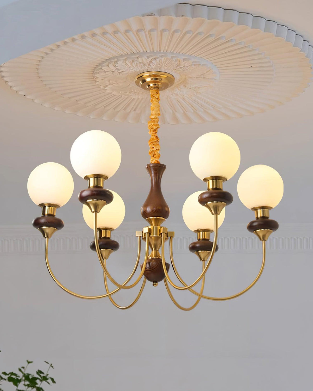 Chandelier Brass Curved Arms Walnut Vintage-Neutral Decor