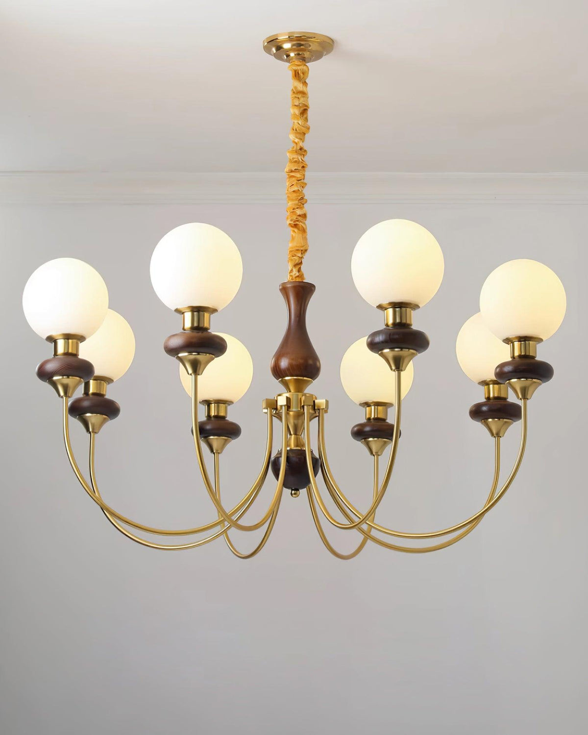 Chandelier Brass Curved Arms Walnut Vintage-Neutral Decor