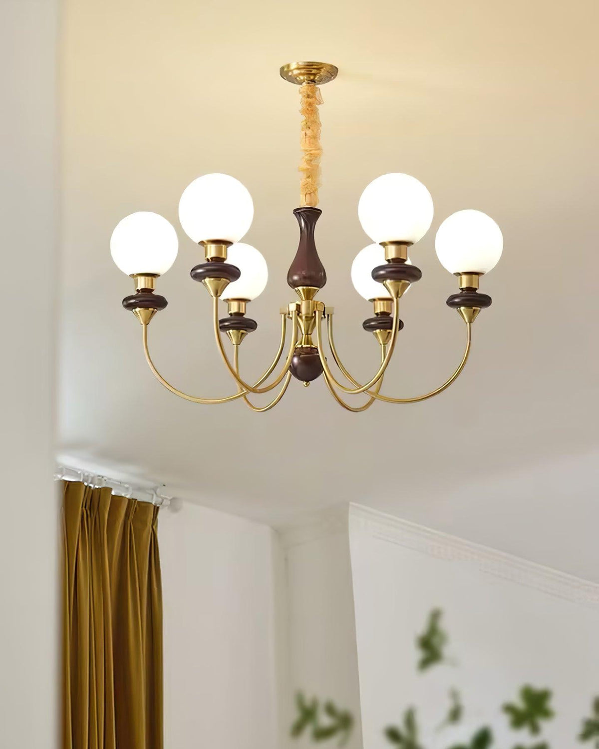 Chandelier Brass Curved Arms Walnut Vintage-Neutral Decor