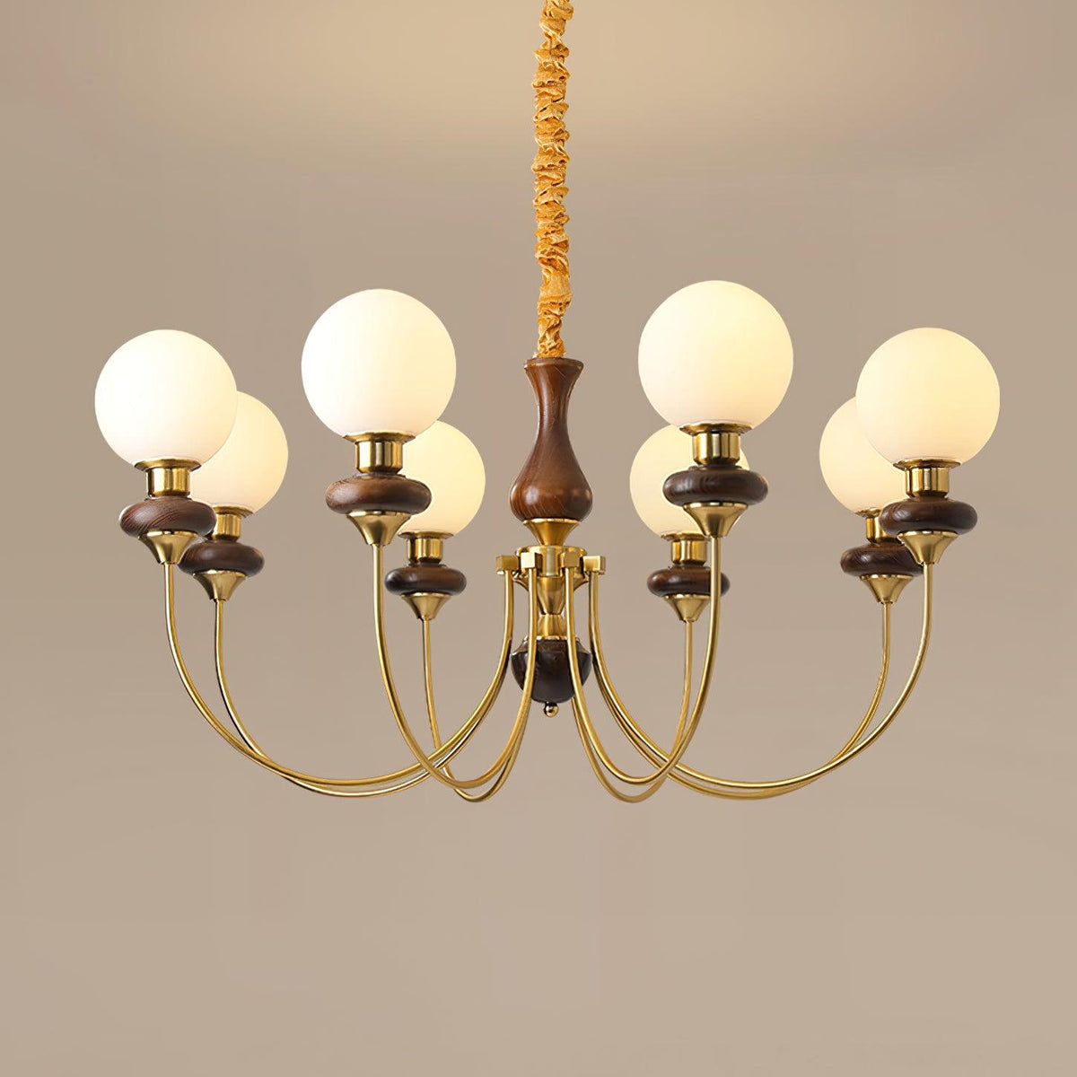 Chandelier Brass Curved Arms Walnut Vintage-Neutral Decor