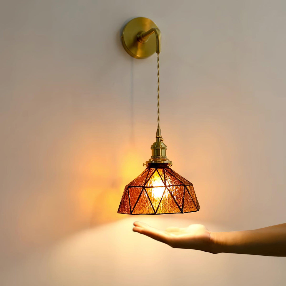Wall Lamp Geometric Stained Glass Shade Vintage Brass Arm Pastoral-Neutral Decor