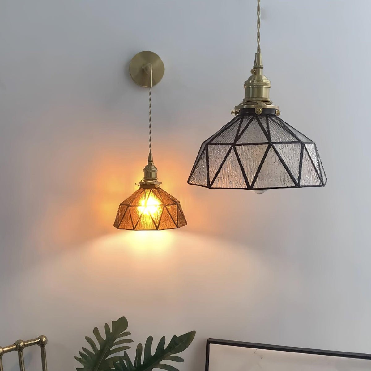 Wall Lamp Geometric Stained Glass Shade Vintage Brass Arm Pastoral-Neutral Decor