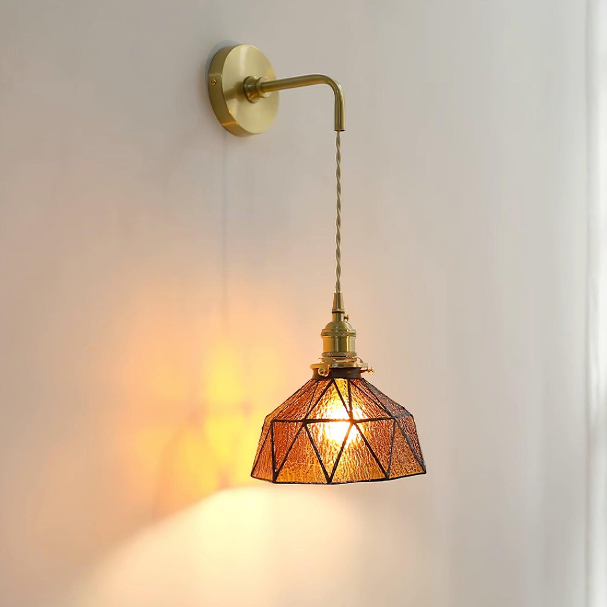 Wall Lamp Geometric Stained Glass Shade Vintage Brass Arm Pastoral-Neutral Decor