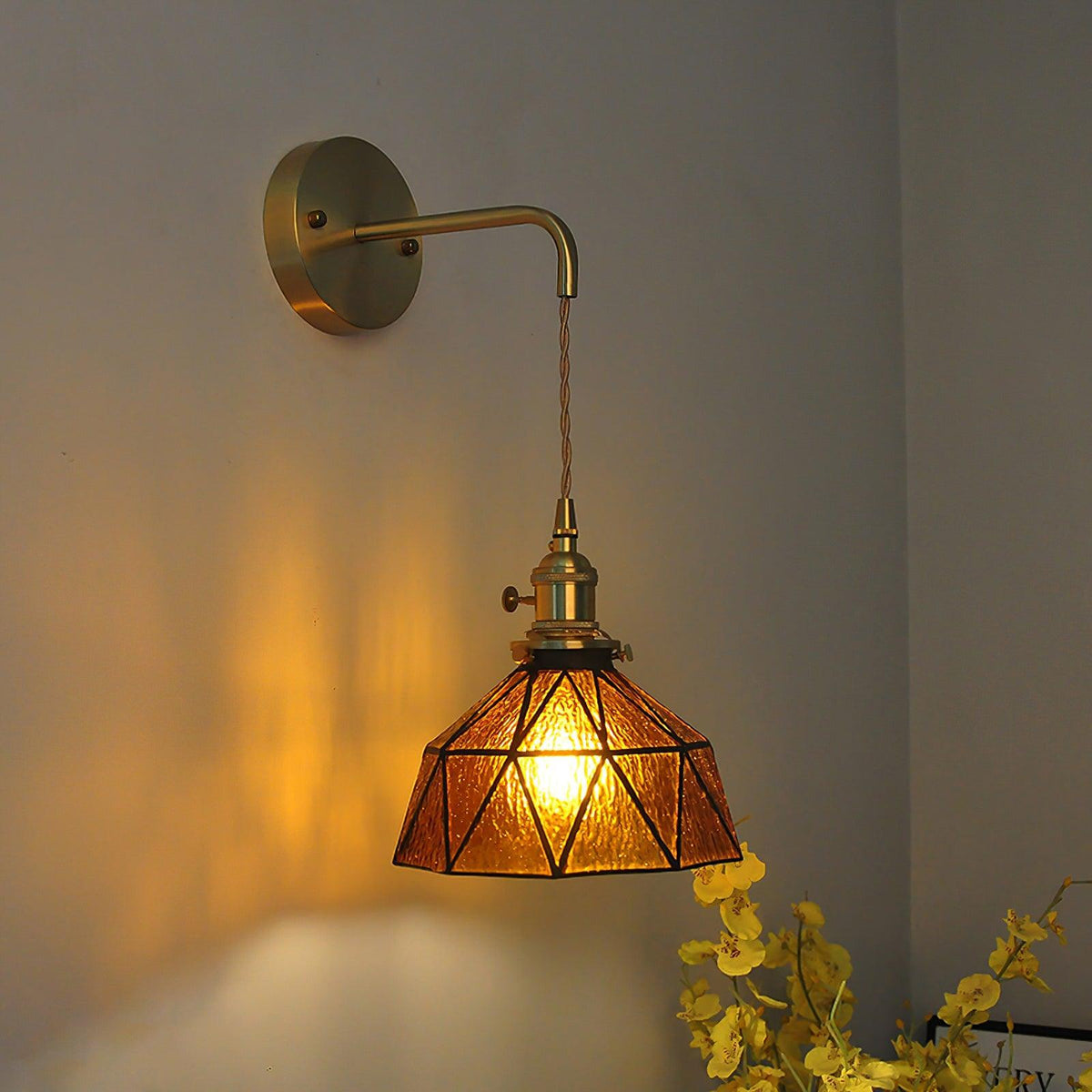 Wall Lamp Geometric Stained Glass Shade Vintage Brass Arm Pastoral-Neutral Decor
