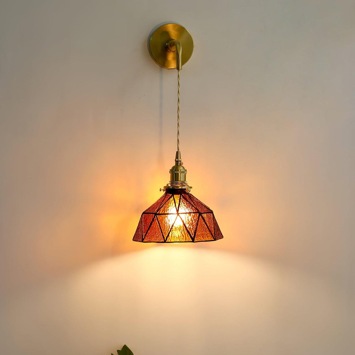 Wall Lamp Geometric Stained Glass Shade Vintage Brass Arm Pastoral-Neutral Decor