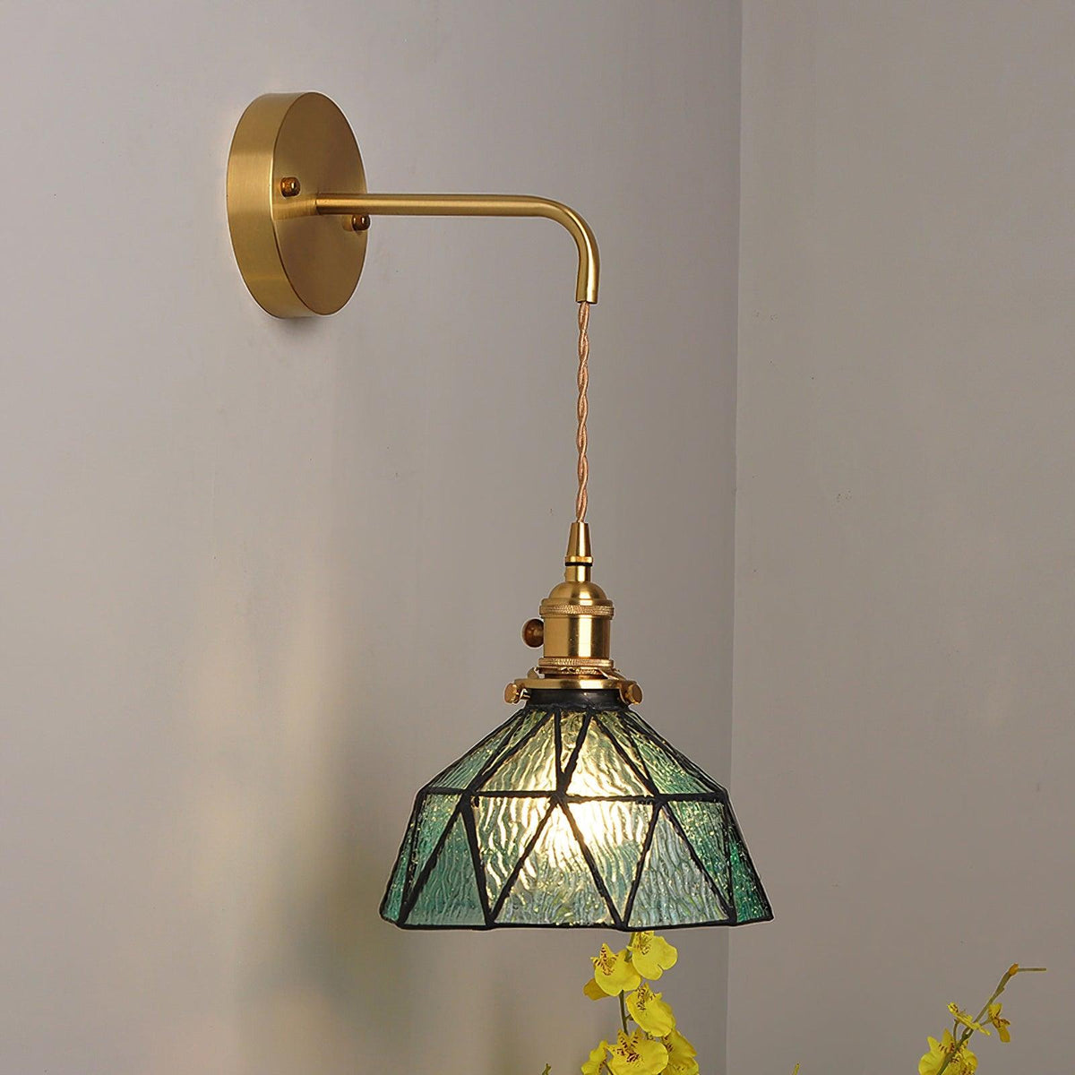 Wall Lamp Geometric Stained Glass Shade Vintage Brass Arm Pastoral-Neutral Decor