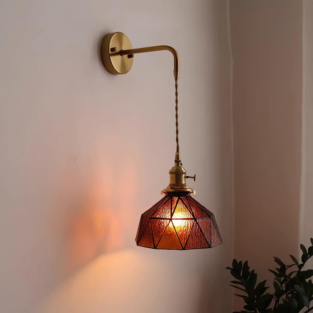 Wall Lamp Geometric Stained Glass Shade Vintage Brass Arm Pastoral-Neutral Decor