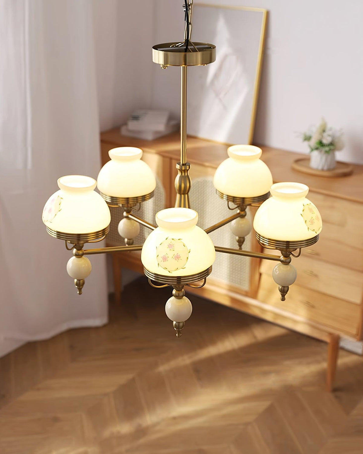 Chandelier Glass and Metal Fixture for Dining or Living Room Vintage-Neutral Decor