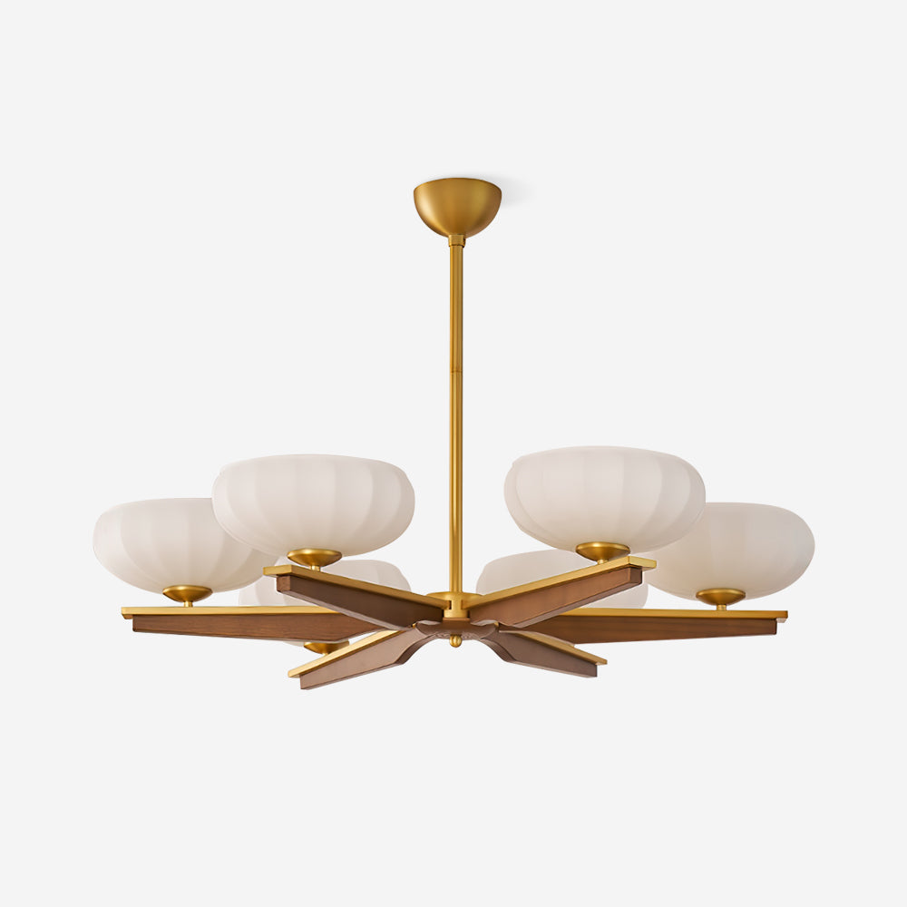 Chandelier Walnut Wood Arms and Opal Glass Shades Midcentury-Neutral Decor