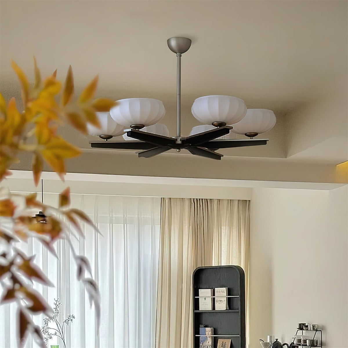 Chandelier Walnut Wood Arms and Opal Glass Shades Midcentury-Neutral Decor