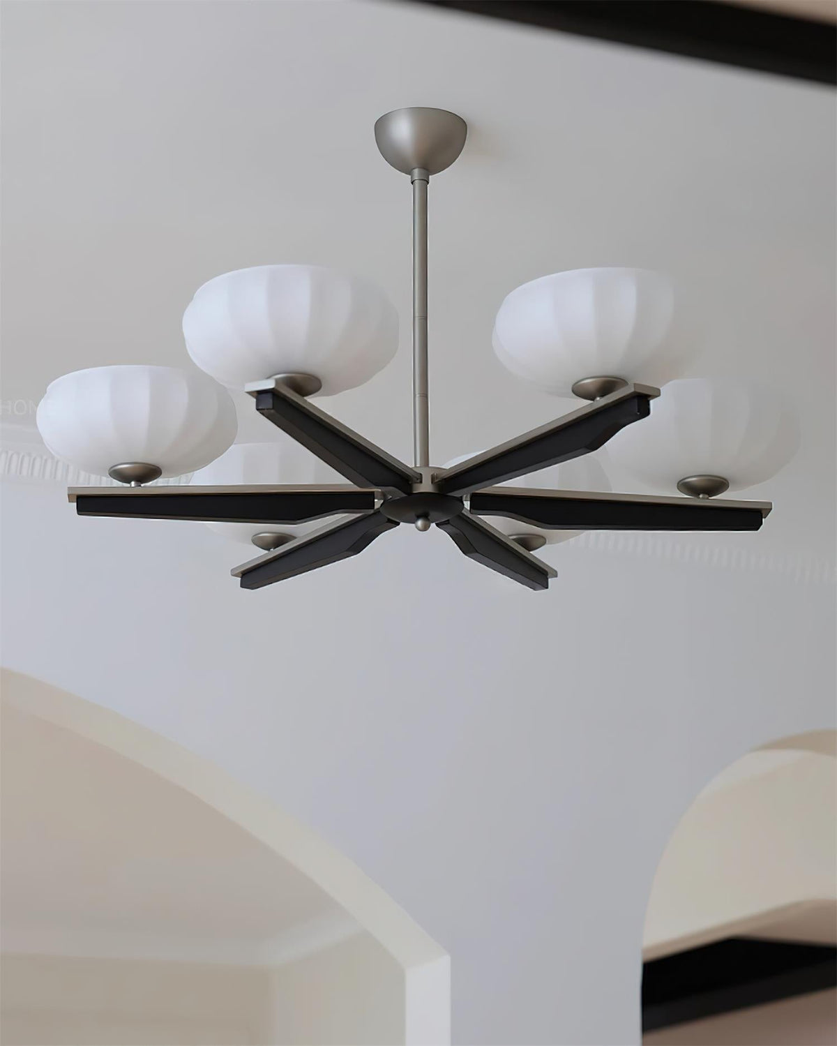 Chandelier Walnut Wood Arms and Opal Glass Shades Midcentury-Neutral Decor