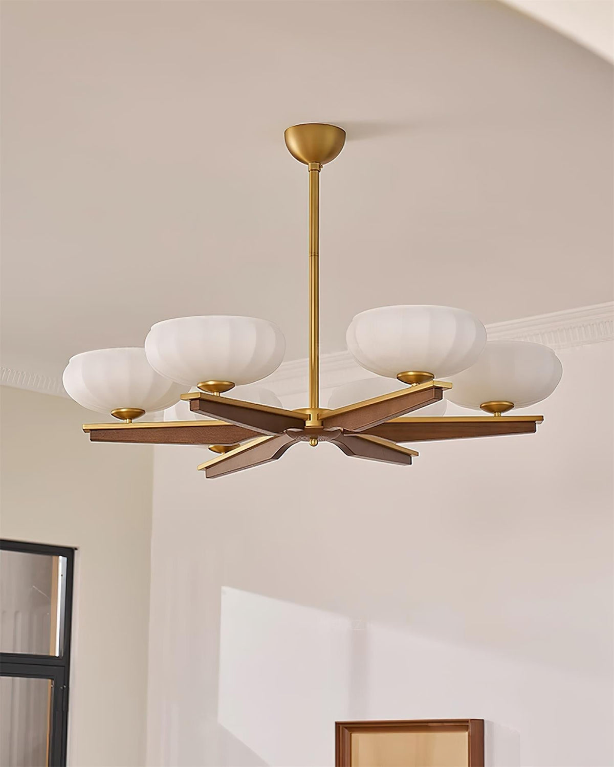 Chandelier Walnut Wood Arms and Opal Glass Shades Midcentury-Neutral Decor