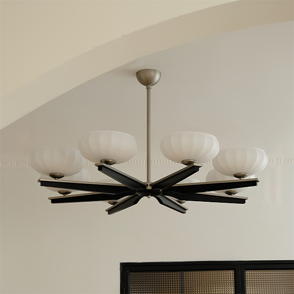 Chandelier Walnut Wood Arms and Opal Glass Shades Midcentury-Neutral Decor