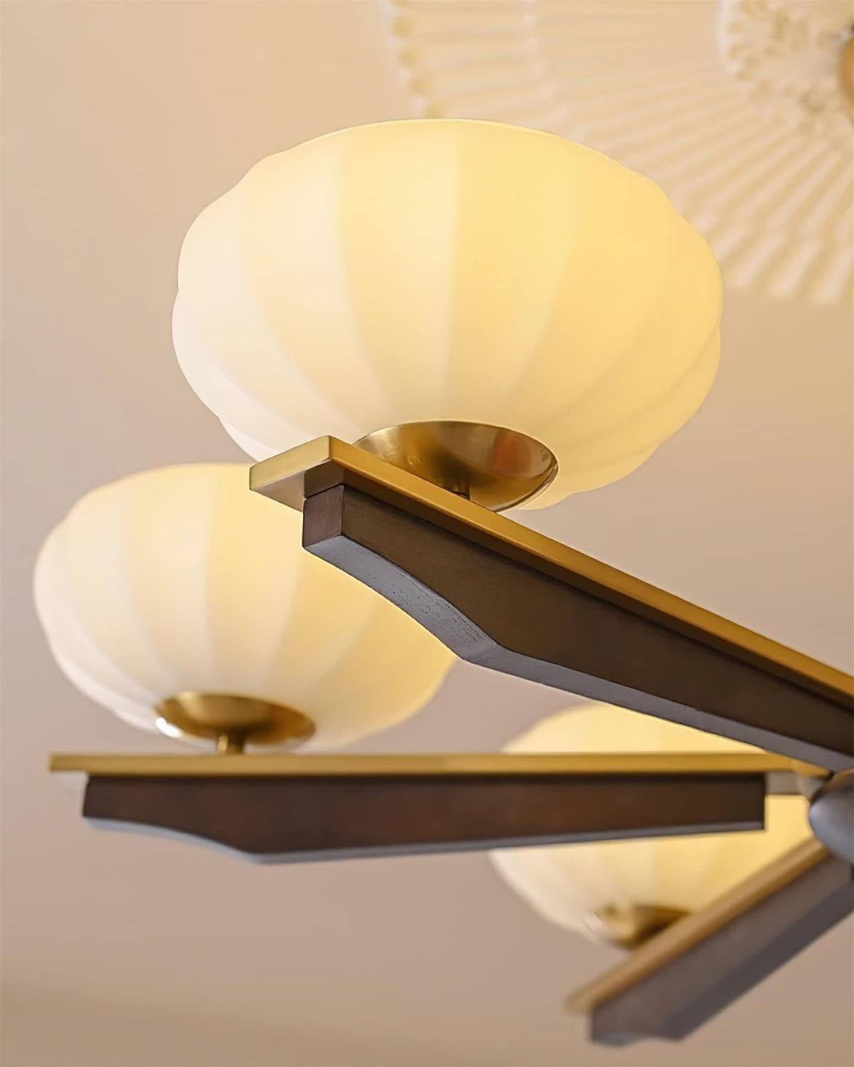 Chandelier Walnut Wood Arms and Opal Glass Shades Midcentury-Neutral Decor