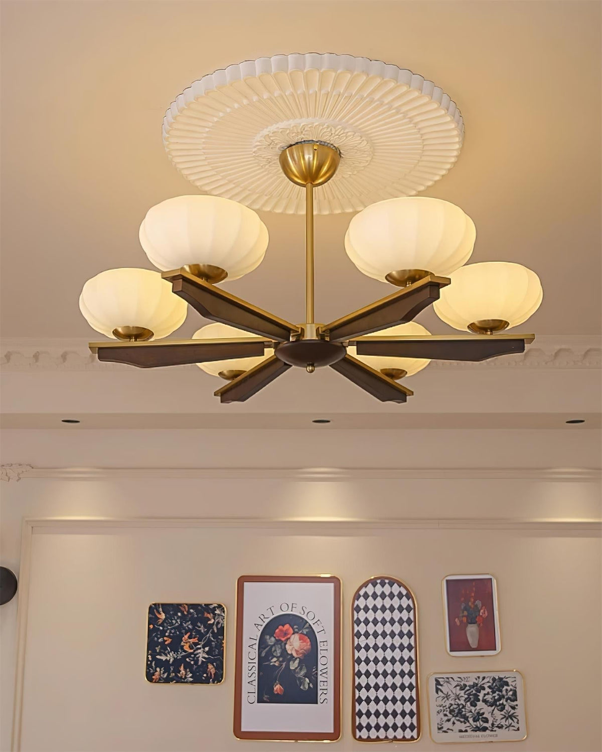 Chandelier Walnut Wood Arms and Opal Glass Shades Midcentury-Neutral Decor