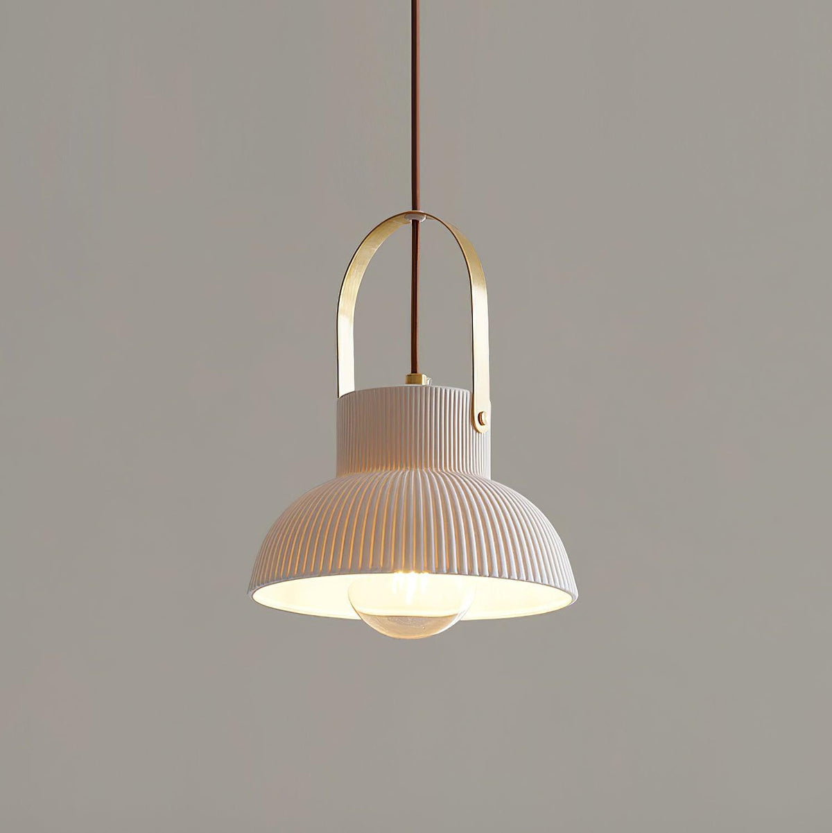 Pendant Lamp Ribbed White Ceramic with Brass Handle-Neutral Decor