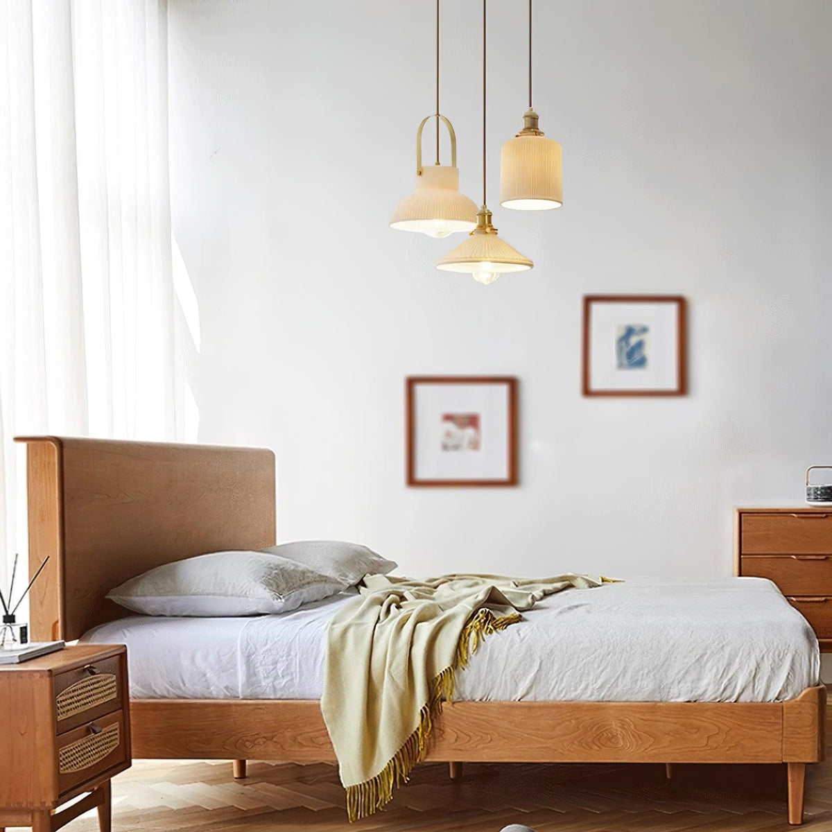 Pendant Lamp Ribbed White Ceramic with Brass Handle-Neutral Decor