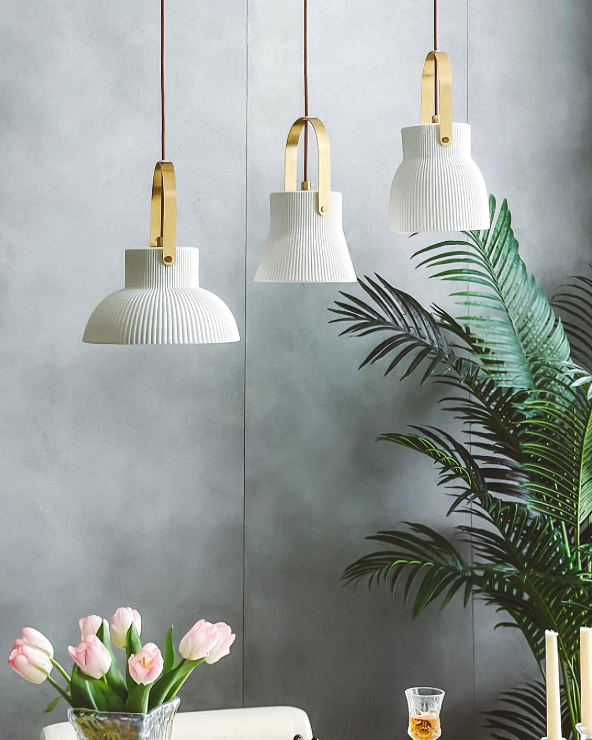 Pendant Lamp Ribbed White Ceramic with Brass Handle-Neutral Decor