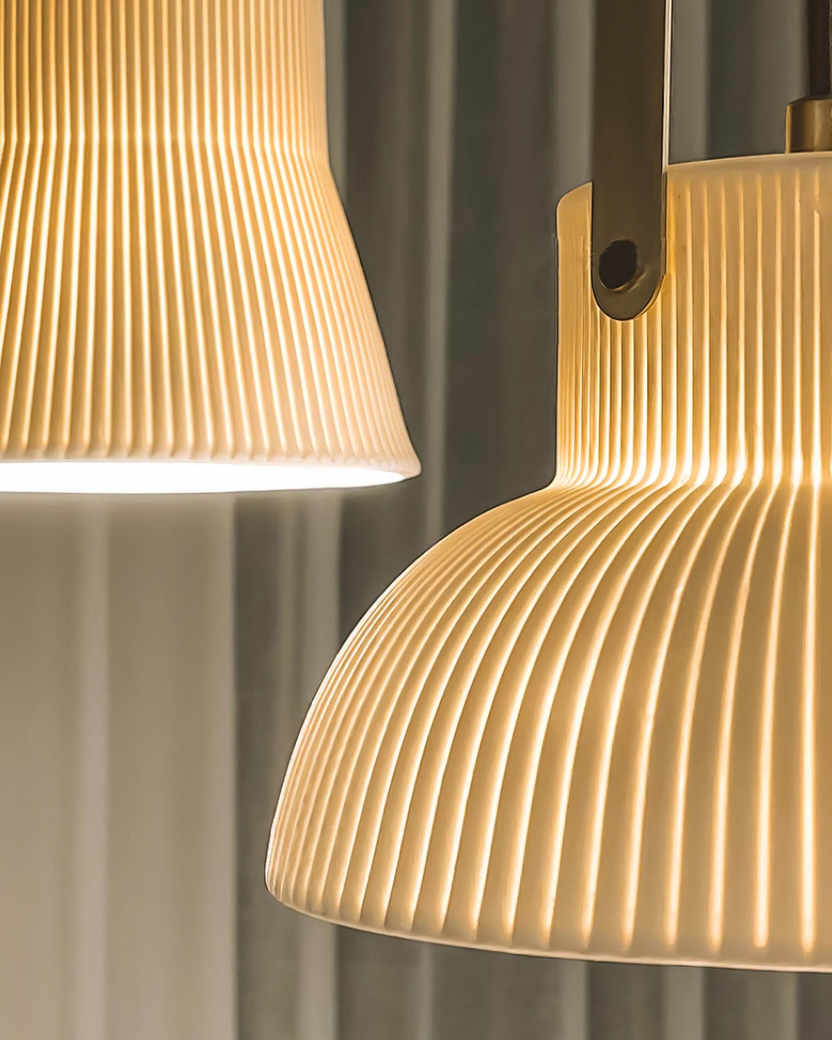 Pendant Lamp Ribbed White Ceramic with Brass Handle-Neutral Decor